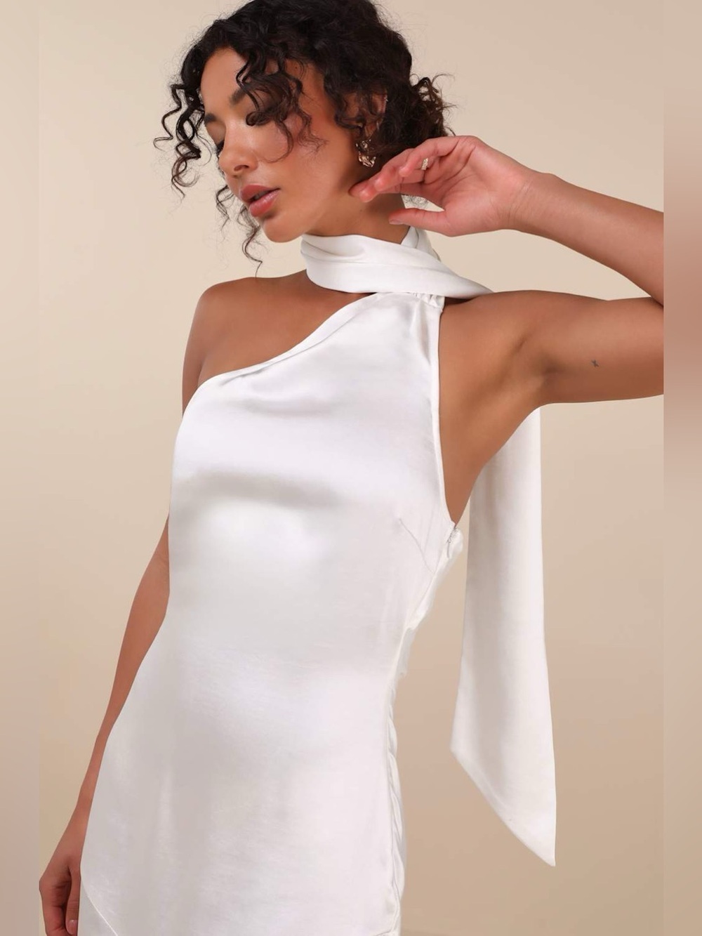 LULU'S Reglan White Satin One-Shoulder Sash Midi Dress - Picture 5 of 6